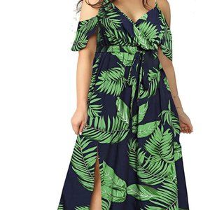 Milumia Women Plus Size Cold Shoulder Floral Maxi Bohemian Split Dress - Green